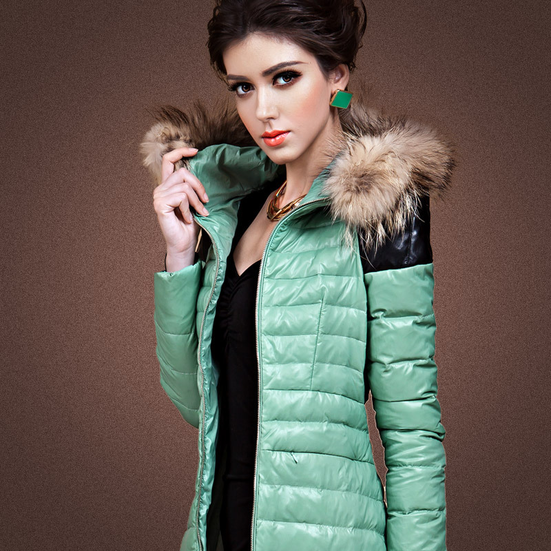 Free shipping  leather mosaic thin slim down coat female down coat female medium-long