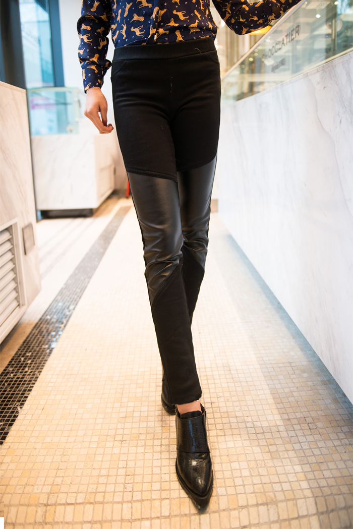 Free Shipping Leather pants elastic boot cut jeans plus velvet thickening legging pants