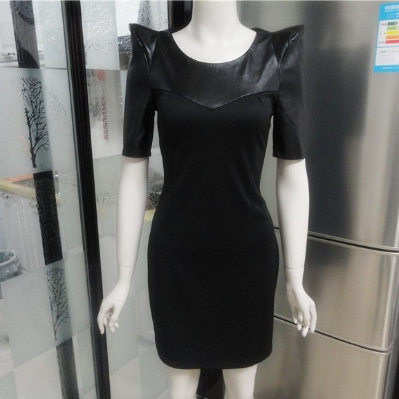 free shipping  leather skirt water washed leather slim half sleeve black patchwork leather one-piece dress
