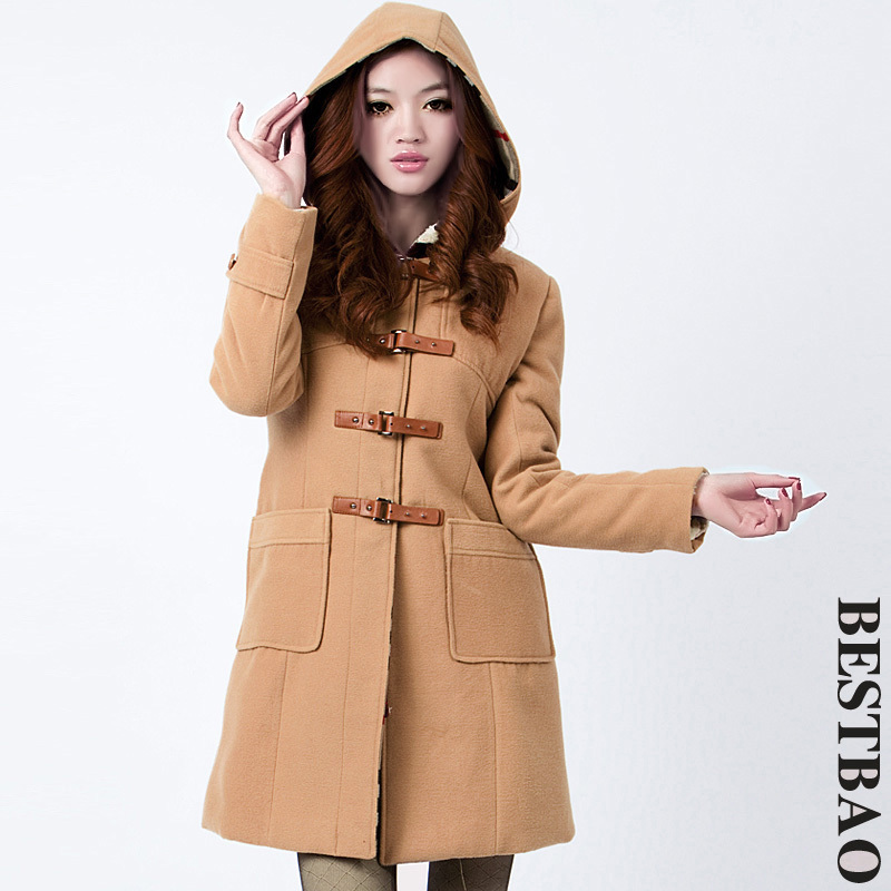 free shipping Leather with a hood woolen overcoat long outerwear eternal classic fashion bestbao female 9136