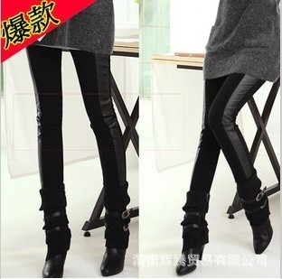 Free Shipping! Legging faux leather patchwork ankle length trousers elastic waist grey