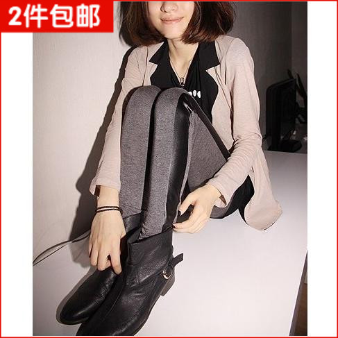 Free Shipping Legging faux leather patchwork ankle length trousers elastic waist grey