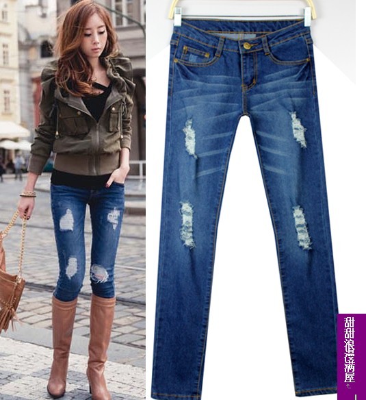 Free Shipping Legs butt-lifting repair hole elastic denim skinny pants pencil pants denim trousers a9488