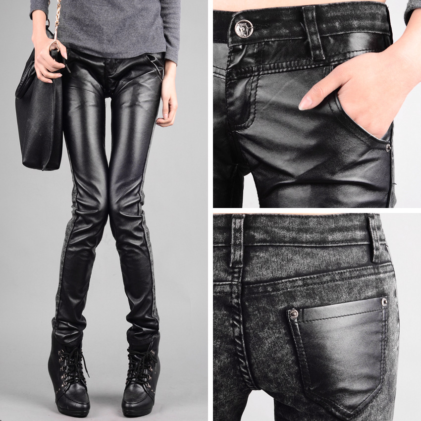 Free shipping leisure tide splicing Europe and the United States was skinny pants tight leather pants female pants