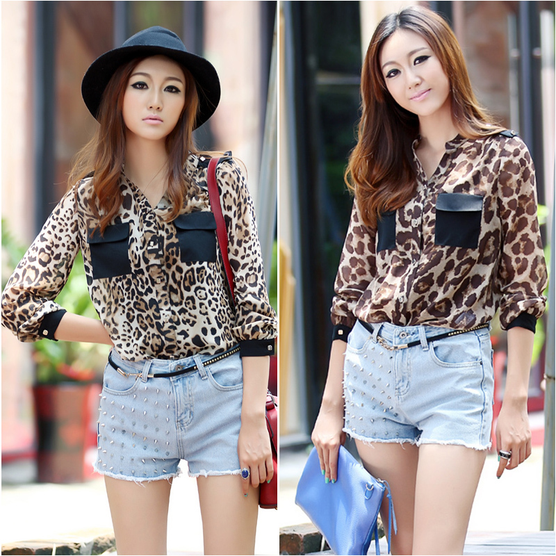 free shipping Leopard print compound silk epaulette color block decoration three-dimensional shirt zj608