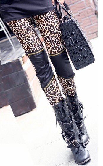 Free Shipping Leopard Print Faux Leather Leggings Pants&Tights