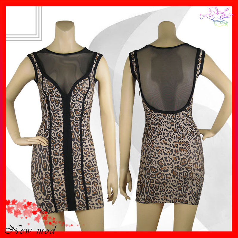 Free Shipping Leopard print High Quality knitted HL Black Bandage Evening Party Dress