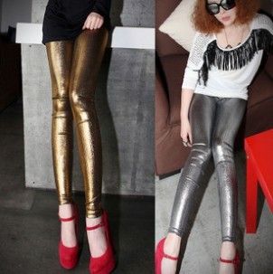 free shipping Light metals punk fashion imitation leather silver/gold nine minutes of pants