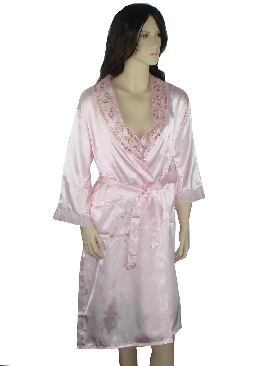 Free Shipping Light Pink Women's 2pc Nightwear Robe Silk Polyester Bath Gown Wholesale Retail S M L XL S0042