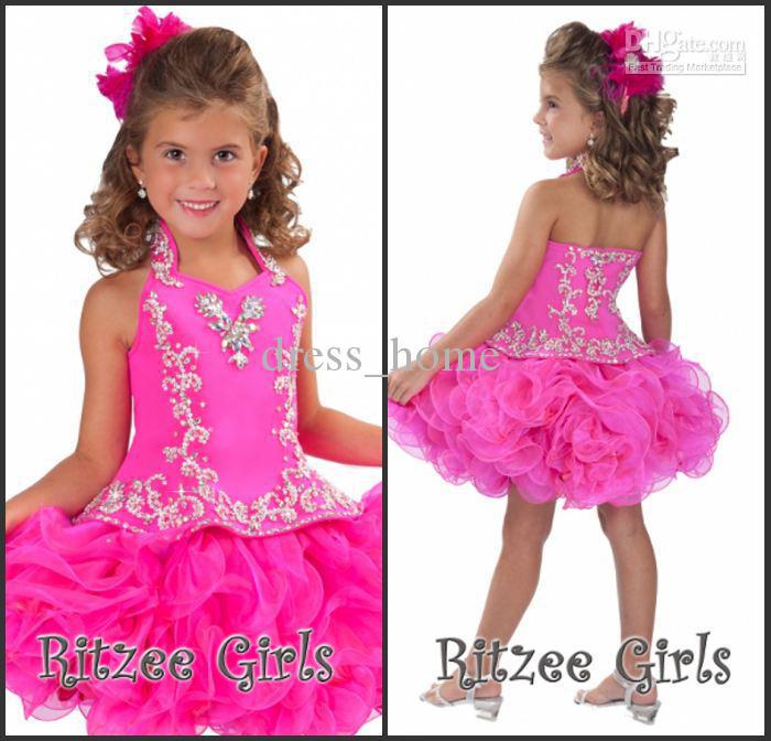Free Shipping Little Girl Dresses Cute A Line Mini Organza Beaded Hot Pink Flower Girl Dress