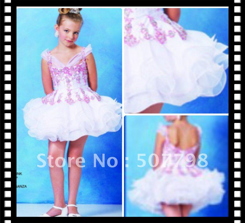 Free Shipping Little Short Flower Girl Dresses, Appliques Lace Beaded Organza Formal Girl Giltz  Cupcake Dresses