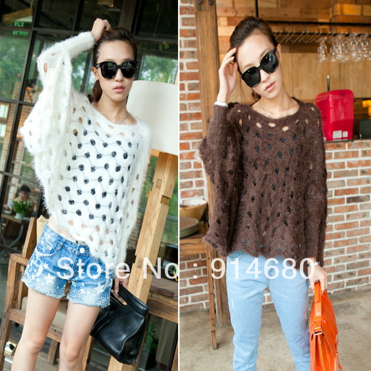 Free shipping!Long cony hair fuzzy hollow out bat type big sweater Three color Free size