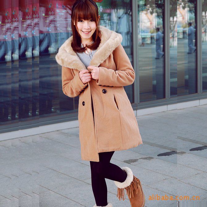 Free shipping, long design faux camel thickening plus cotton double breasted fur collar woolen with a hood overcoat outerwear