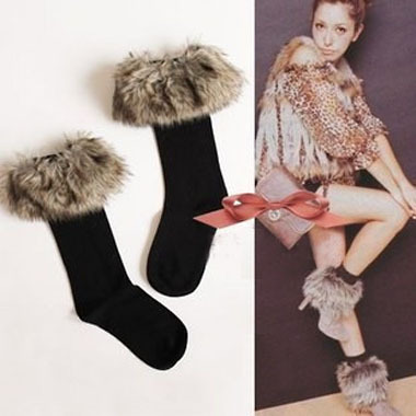 Free shipping!long fur roll up hem snow autumn and winter lady socks