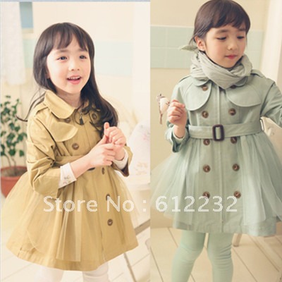 Free shipping long-sleeve cardigan trench outerwear girls wind coat Khaki or little green color retail 1pc with removable belt