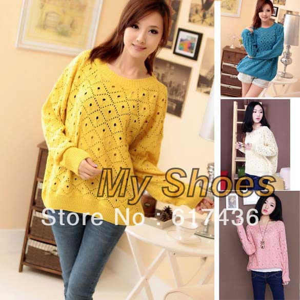 free shipping Long Sleeve Crewneck Flower Loose Hollow Out Knitting Sweaters Shirts Smock 8092