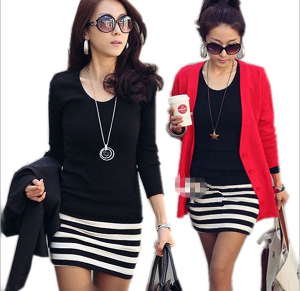 Free Shipping Long Sleeve Dresses Women new Korean Tops for Ladies Plus size fashion Slim Sexy striped mini OL dress Skirt