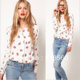 Free Shipping Long Sleeve Hickey Printing Chiffon Blouses/Hop Red LipsCausal Ladies shirts S,M,L C-0028