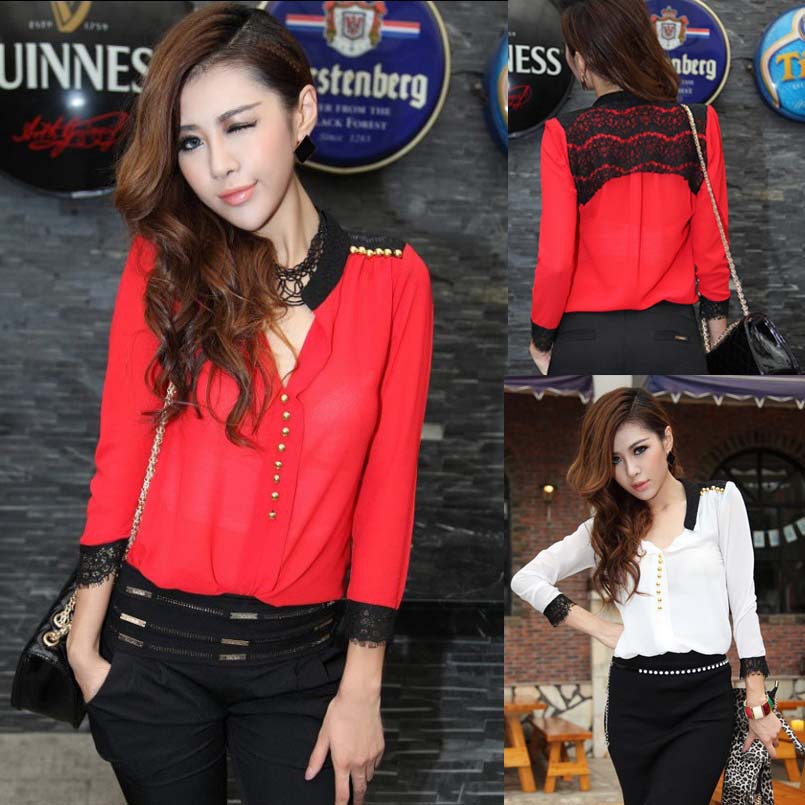 Free Shipping long sleeve lady shirt chiffon blouse fashion contrast color shirts Wholesale &Retail SY0070