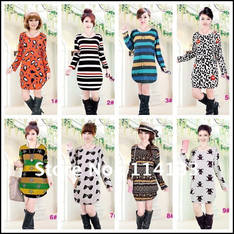Free Shipping long sleeve loose basic shirt sweater dress/new fashion women's round neck long embroidered sweater/many designs