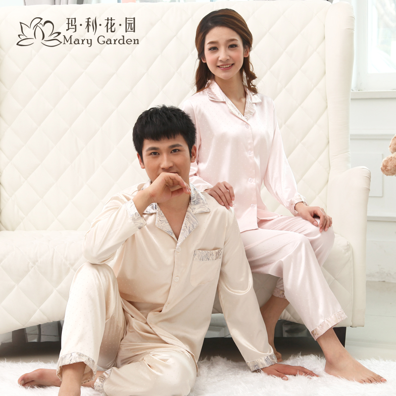 Free shipping Long-sleeve lovers faux silk sleep set spring and autumn summer twinset short-sleeve lounge