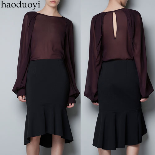 Free Shipping Long-sleeve o-neck chiffon top studio lantern sleeve chiffon shirt female 6 full