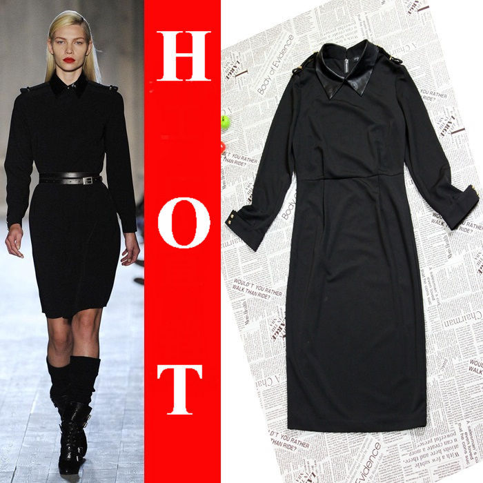 Free shipping Long-sleeved leather lapel dress one-piece dress