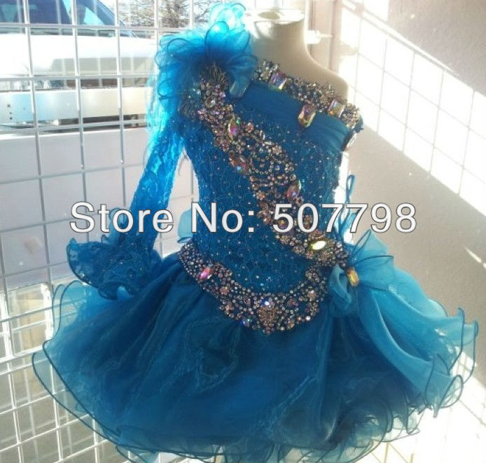 Free Shipping Long Sleeves Lace Organza Blue Crystals National Glitz Girl Pageant Cupcake Dress 2-10