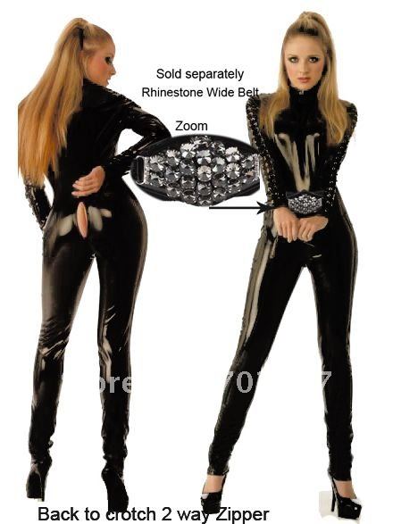 Free Shipping Long sleeves leather jumpsuit sexy black vinyl lingerie hot sale high quality front zipper bodysuit sexy lignerie