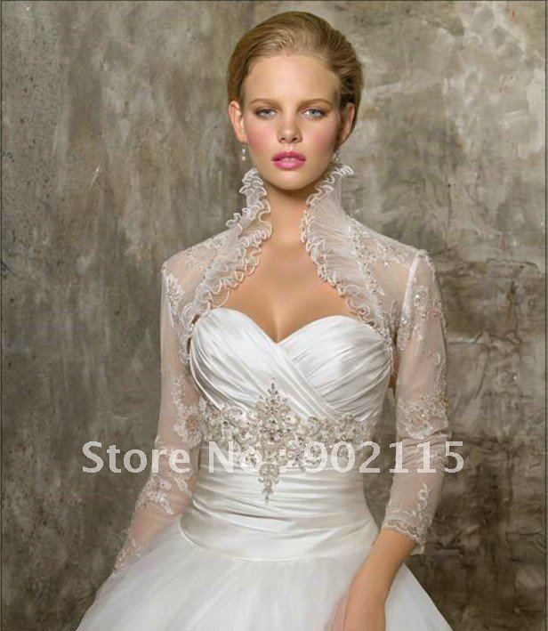 Free Shipping Long Sleeves Organza Beaded Lace Ruched Bridal Wedding Bolero Jacket