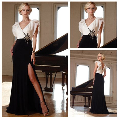 Free Shipping Long Stunning Black and White Evening Dresses Short Sleeve 2012