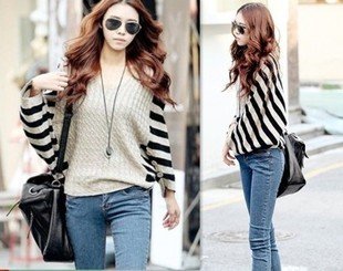 Free shipping loose bat sleeve black white striped  pullovers sweater/women's fashion sweater,Wholesale/Retail