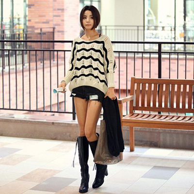 Free Shipping Loose batwing sleeve pullover sweater empty thread stripe sweater 5811 MY