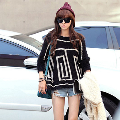 Free Shipping Loose batwing sleeve white pattern pullover sweater top 5813 MY