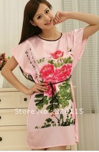 free shipping Loose short sleeve silk emulation silk sexy lovely female pajamas GuoSeTianXiang 4 color