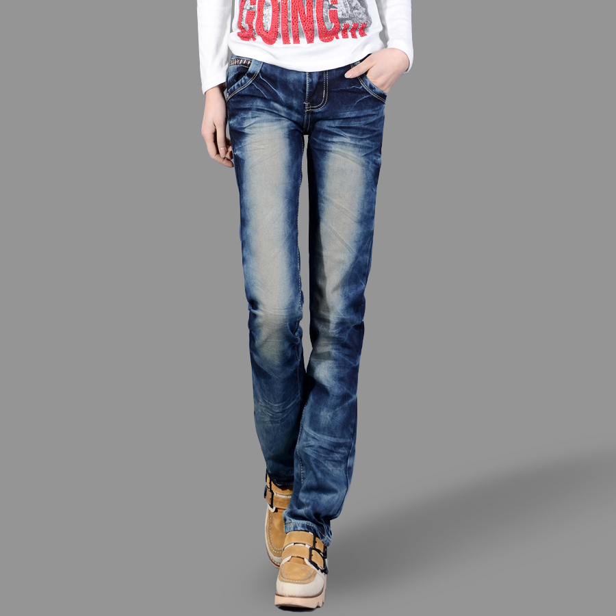 Free shipping Loose straight jeans all-match female casual trousers autumn and winter comfortable 556 wearing white denim