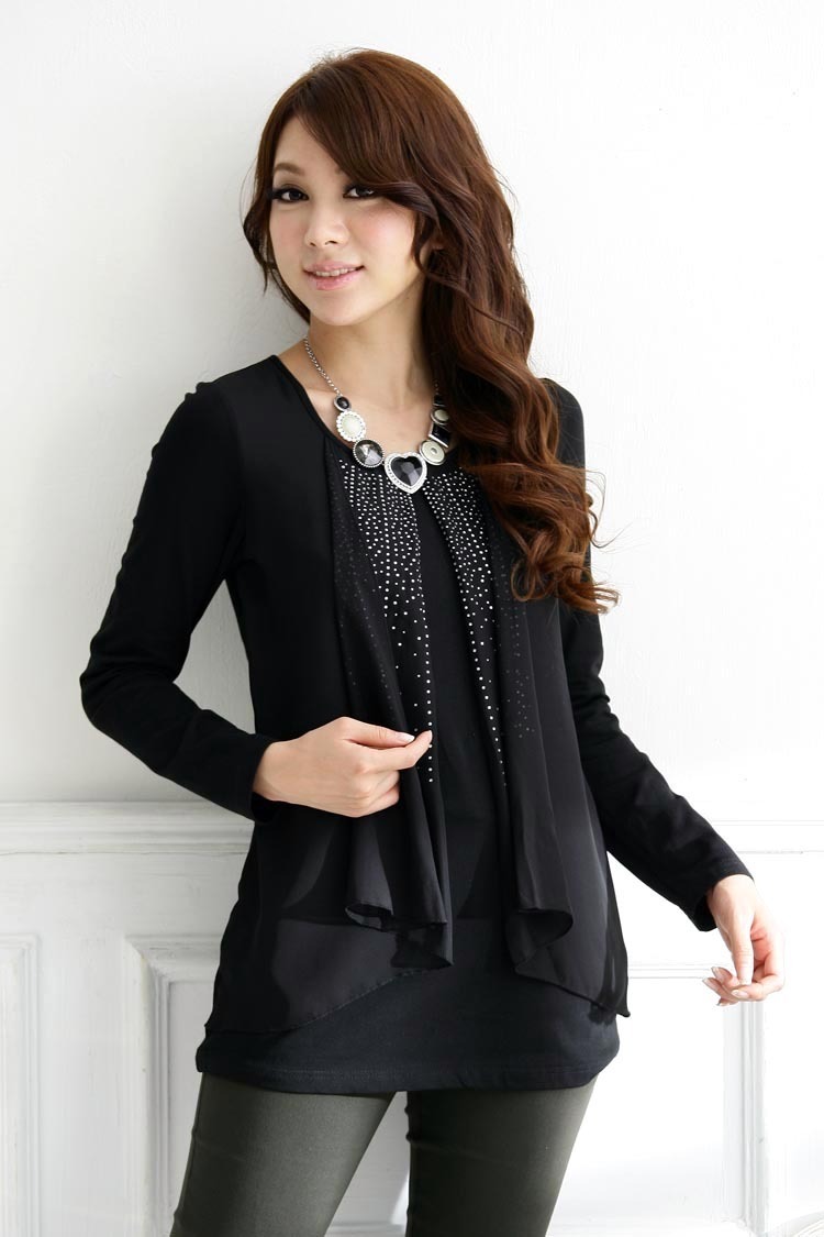 Free shipping loose women's 2012 autumn blouse new arrival diamond chiffon patchwork plus size blouse