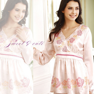 Free Shipping lounge Women V-neck slim waist long-sleeve silk set s3018