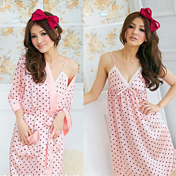 free shipping Lovely nightgown robe spring and summer lounge faux silk sleepwear female long-sleeve twinset Pajama Sets