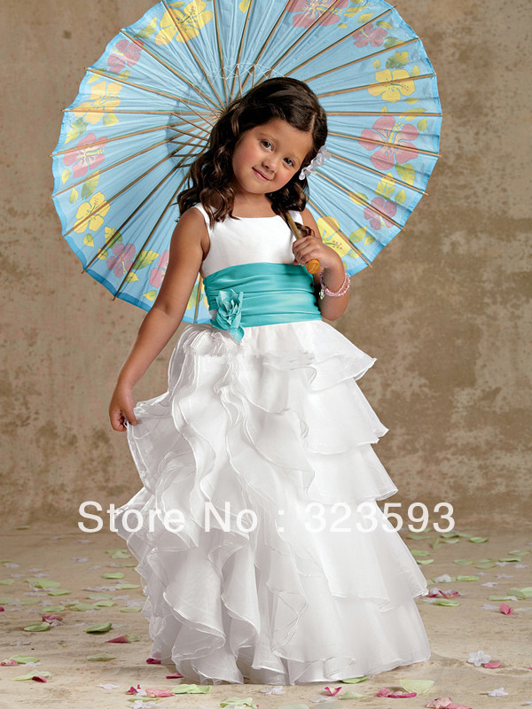 Free Shipping Lovely Pleat Scoop Tiered Princess Snow White Chiffon Flower Girl Dresses 2013 Floor A Junior Bridesmaid Gown F78