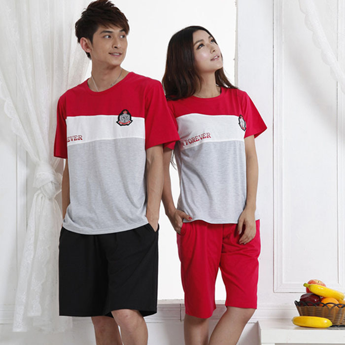 free shipping Lovers clothes short-sleeve 100% cotton lovers sleep set red married lounge
