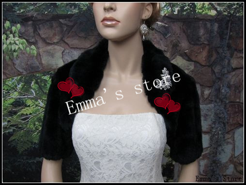 Free Shipping Low Price 2013 New Cheap Short Sleeves New Black Beaded faux fur shrug stole shawl cape Wedding Wraps Bridal Wraps