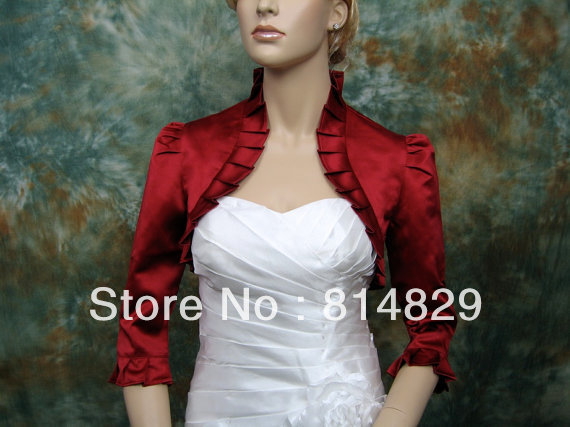 Free Shipping Low Price Custom Made 2013 New Style Fashional 3/4 Long Sleeves Satin Red Wedding Wraps Bridal Wraps