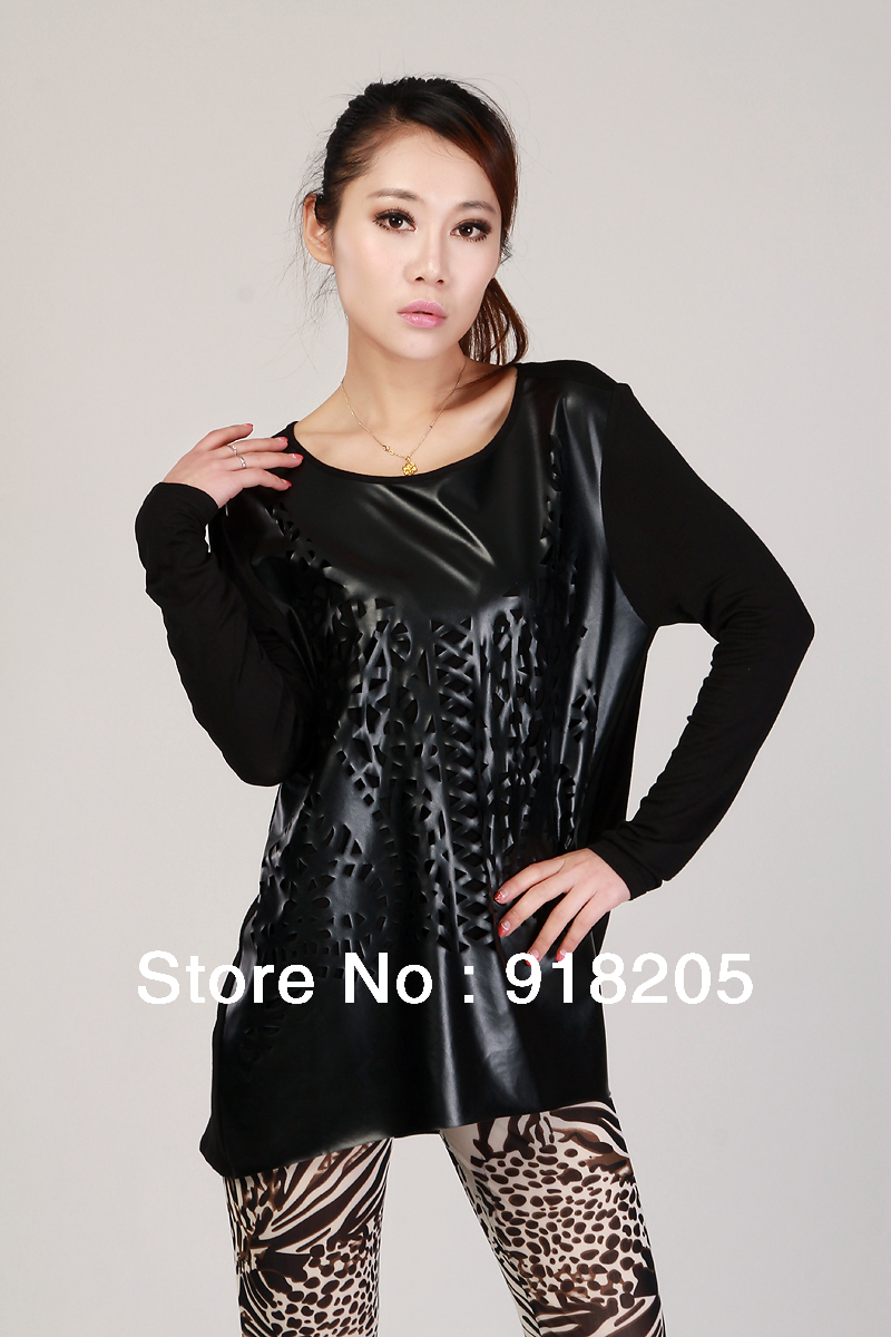 Free Shipping Lowest Price Spring Newest and Sexy Bonded Leather&Modal Split Joint Plus Size Women/ lady's Long Sleeve  T  shirt