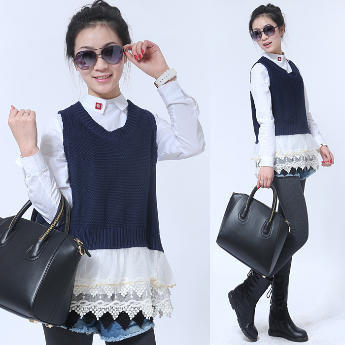 Free shipping Ls8810c patchwork lace 2013 spring women's all-match slim vest sleeveless sweater