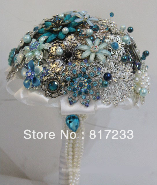 Free Shipping Luxury Crystal Wedding Bouquet High-end Custom Bride Bouquet Blue And Red Wedding Bouquet  ><yr54y
