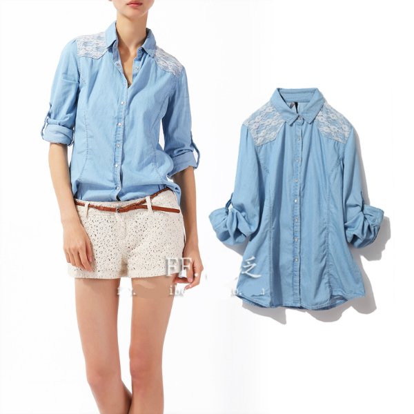 Free shipping-M L XL ladies' fashion west style lace decorated denim shirts  spring and autumn basic blouses light blue