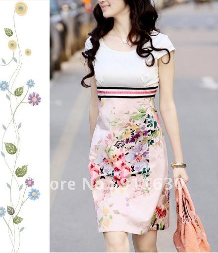 Free shipping M,L,XL,XXL,XXXL.2013 summer women temperament short-sleeved Slim print dress round neck Korean plus size dress
