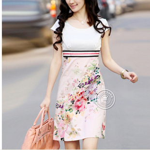 Free shipping M,L,XL,XXL,XXXL. summer women temperament short-sleeved Slim print dress round neck Korean plus size dress N1084