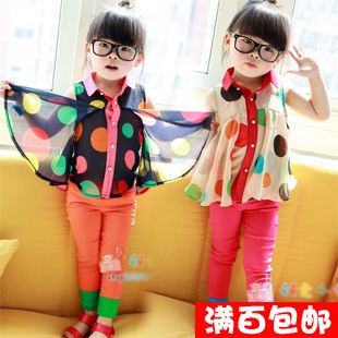 Free shipping M635 medium-long chiffon dot vest t-shirt loose turn-down collar girls top clothing